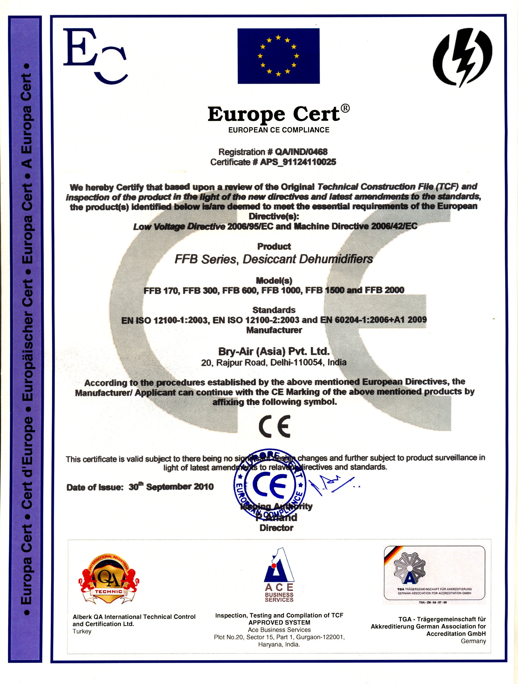 CE Compliance Certificate FFB Series Dehumidifiers